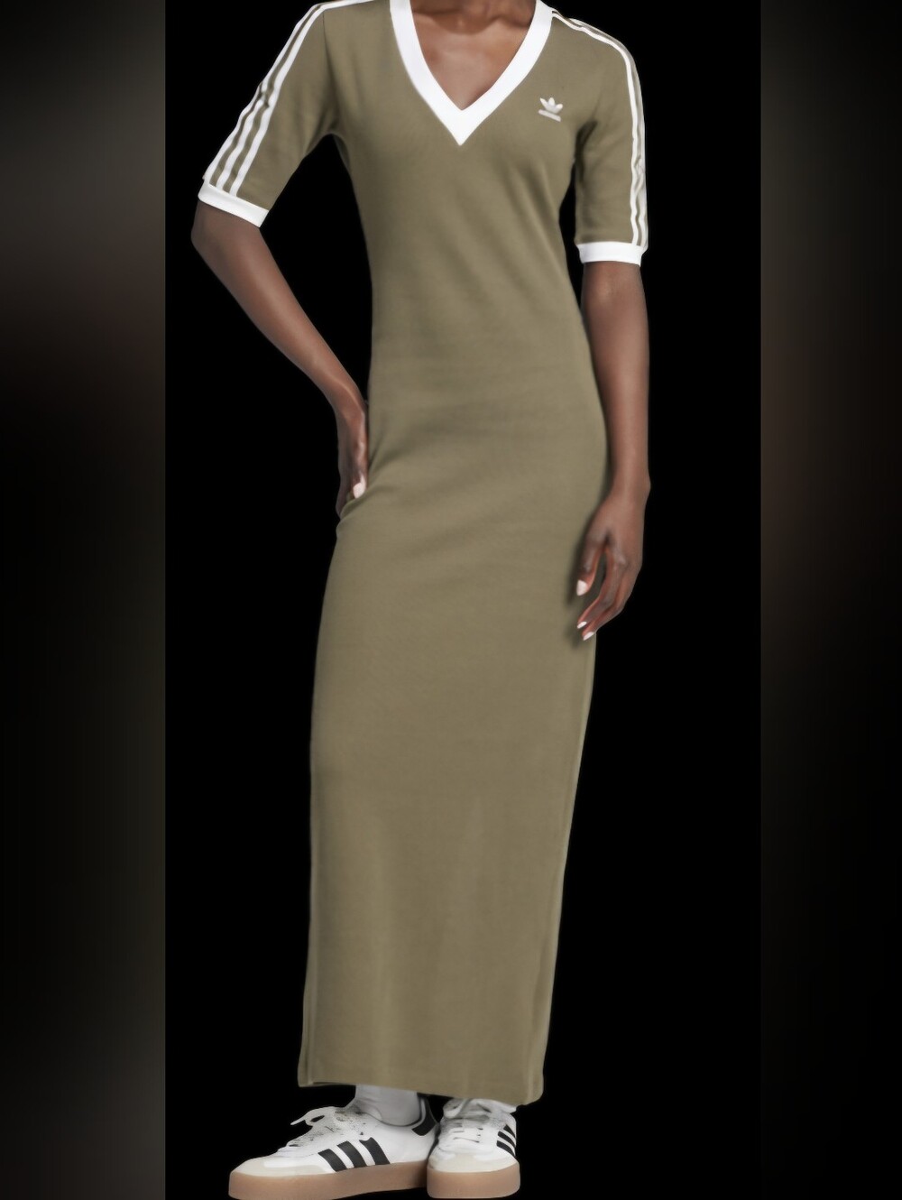 adidas Olive Green Maxi Dress with Contrast Sleeve Trim